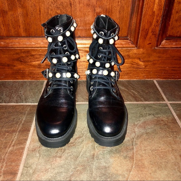 leather ankle boots with faux pearls